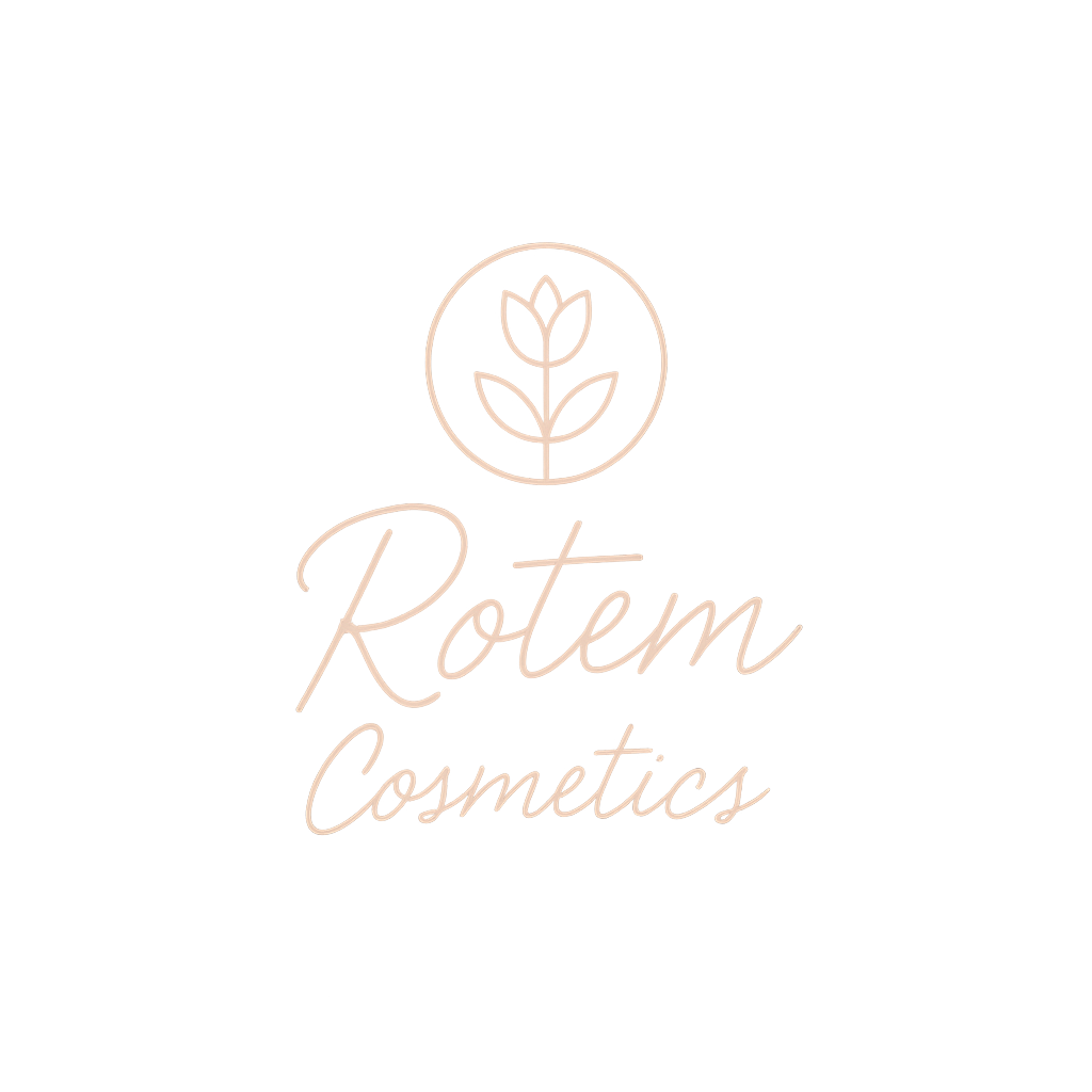 Rotem Cosmetics logo featuring a minimalist line drawing of a plant with three leaves inside a circle, placed above the words Rotem Cosmetics in elegant cursive script. The logo uses a soft beige color on a black background, creating a calm, natural, and sophisticated atmosphere. The text in the image reads Rotem Cosmetics.
